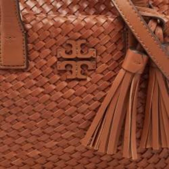 GUC Tory Burch Brown Woven Leather Mini Thea Tote - Picture 2 of 6
